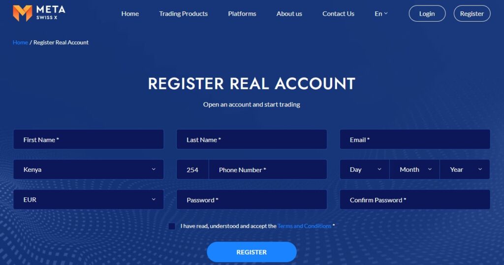 MetaSwissX Registration page
